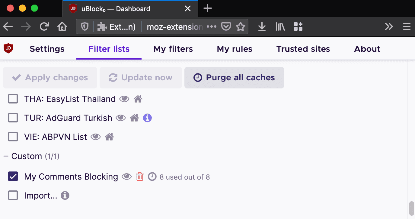 Screenshot of uBlock Origin's Filter List