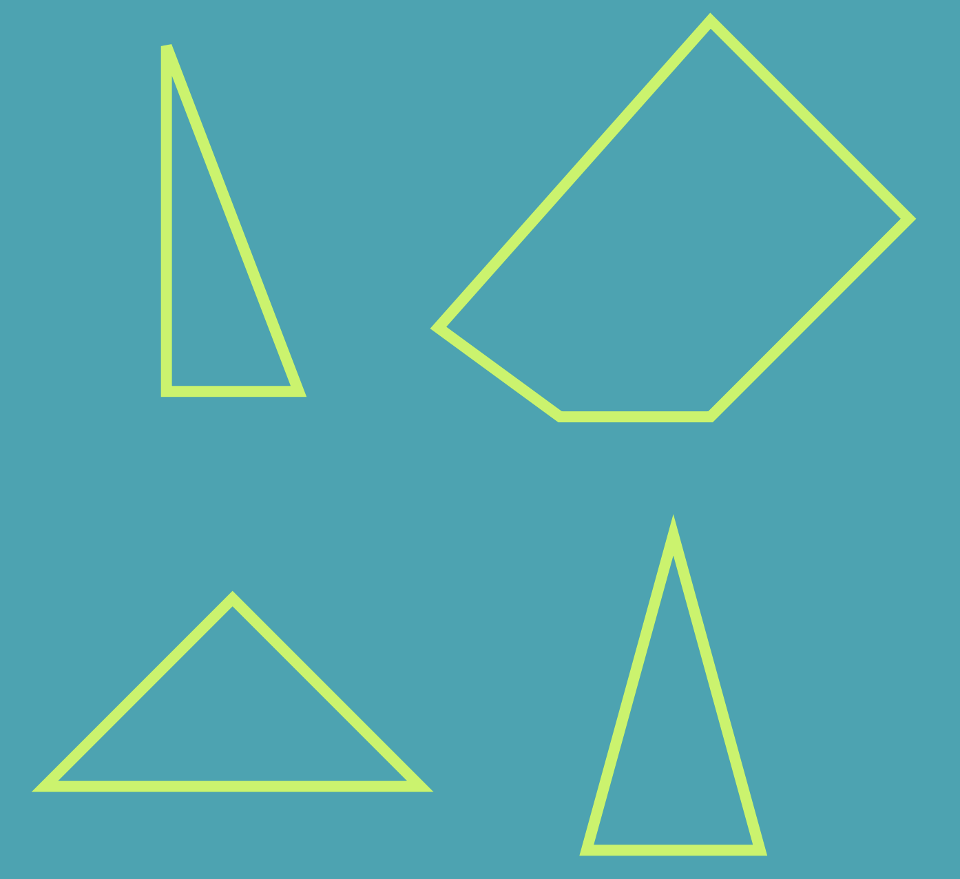 A picture of 4 shapes (3 triangles, 2 triangles with a right angle, 2 isosceles triangles, 1 pentagon)